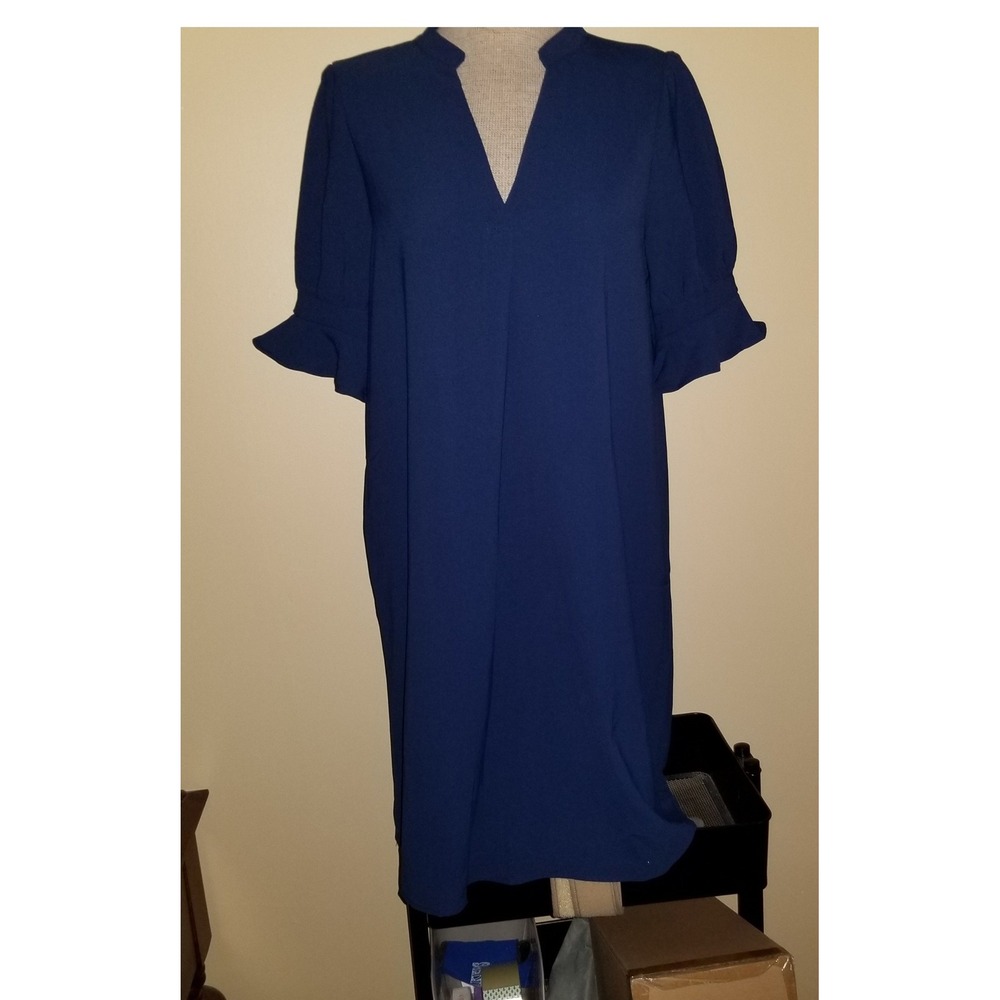 WKIOR Shift Dress Womens Medium Navy Blue Excellent Ruffle‎ Sleeve V-Neck